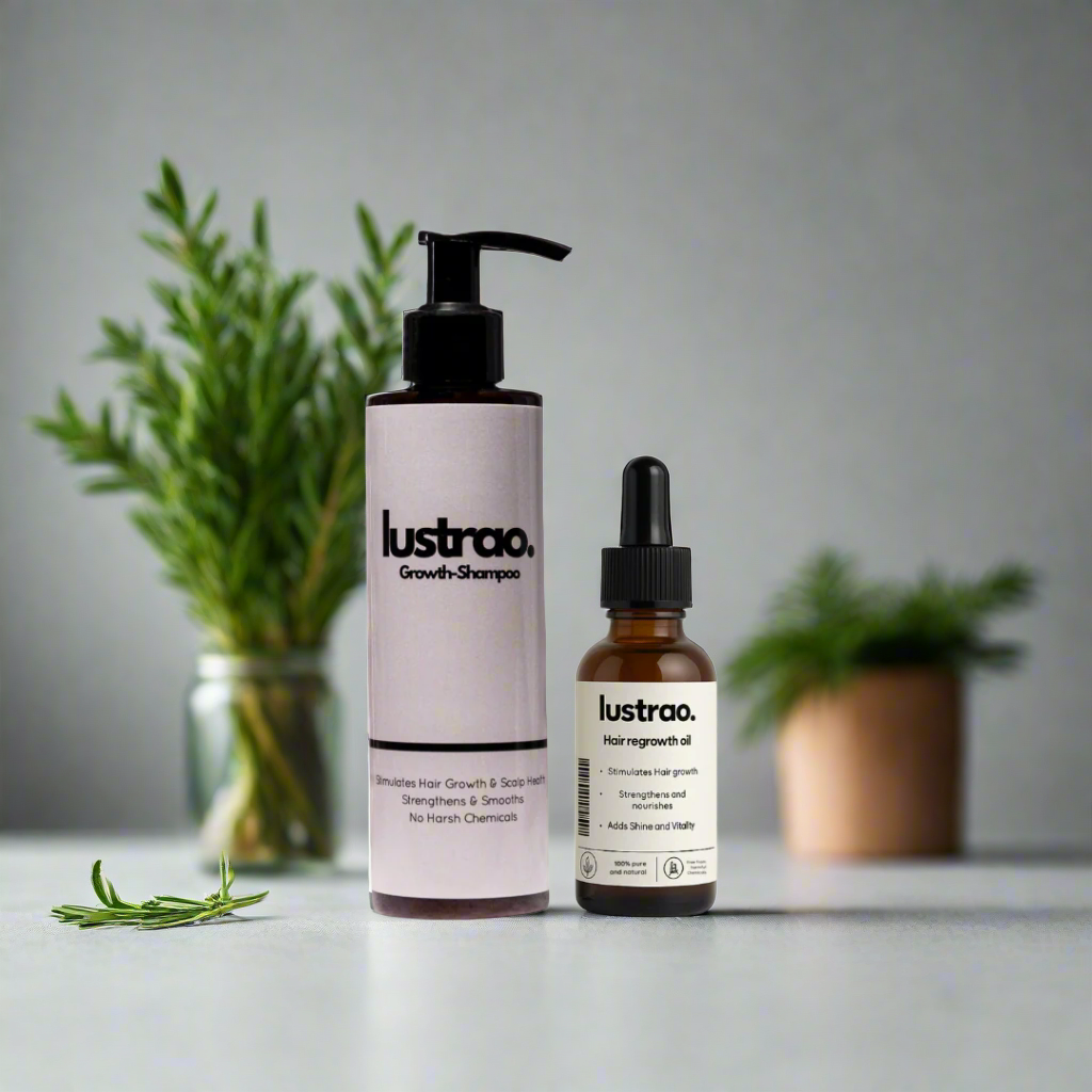 Lustrao shampoo bottle and hair regrowth oil on a white background