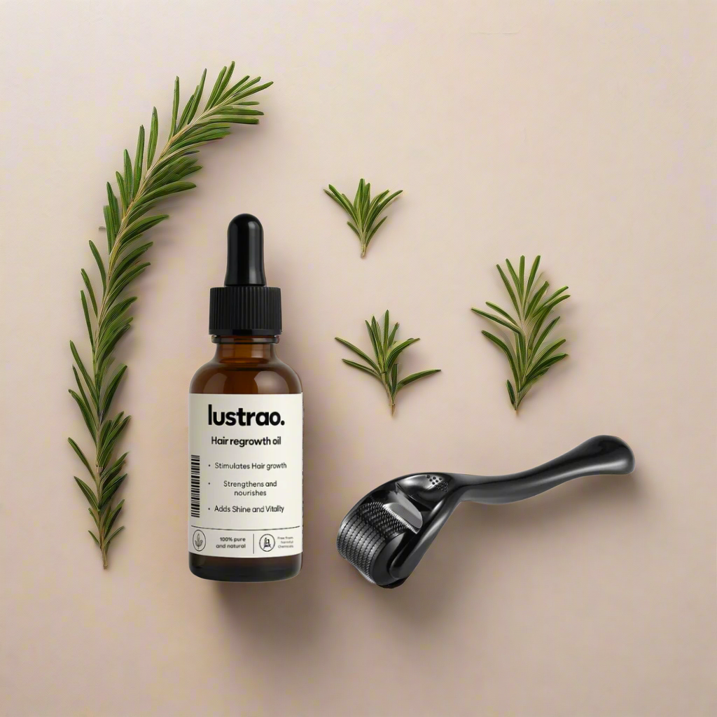 Lustrao hair regrowth oil bottle with rosemary leaves on a beige background